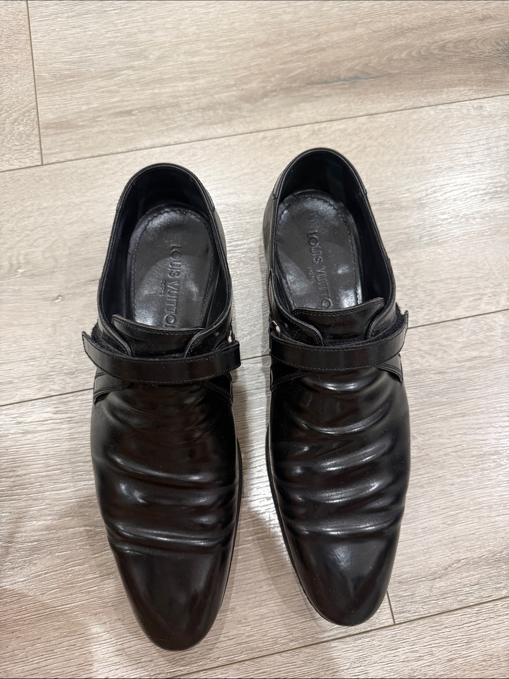 Louis Vuitton Black Leather Strap Slip-On Loafers